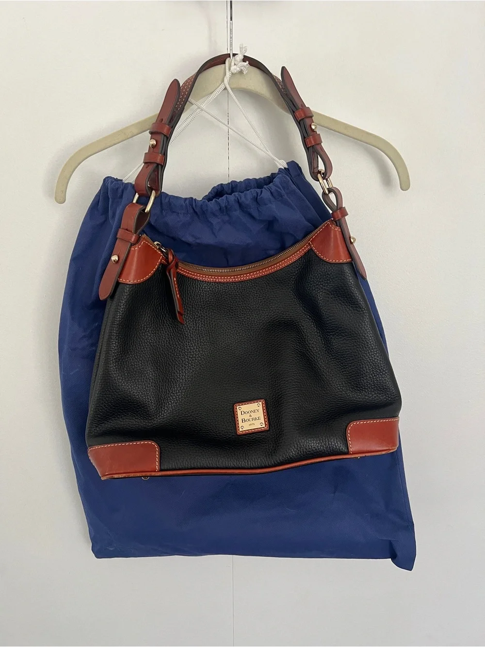 Dooney & Bourke Black Leather Shoulder Bag with Brown Trim